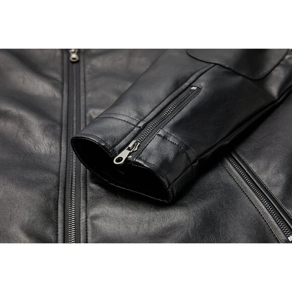 🆕 Men Black Stand Collar Leather Jacket Motorcycle Lightweight Faux Outwear - Picture 4 of 6